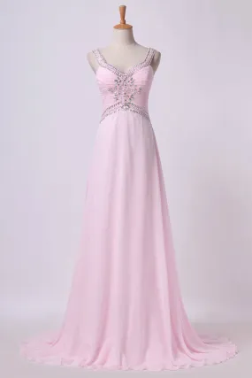 2024 Open Back Prom Dresses Halter A Line Sweep Train Chiffon With P9K5HBTD