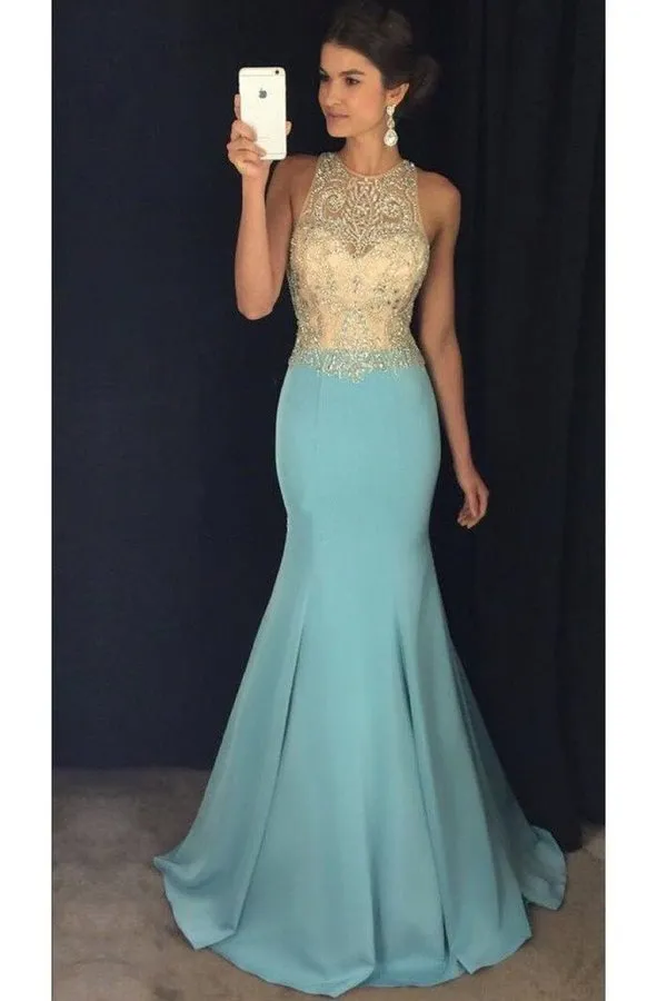 2024 Scoop Beaded Bodice Mermaid Prom Dresses PQHMX89Z