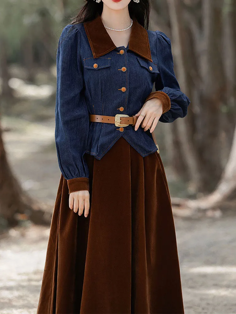 2PS Denim Coat With Brown Velvet Swing Skirt 1950S Vintage Audrey Hepburn's Style Outfits