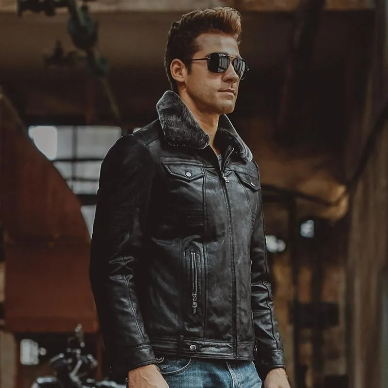 3 Colors Men's Pigskin Leather Motorcycle Winter Jackets with Fur Collar