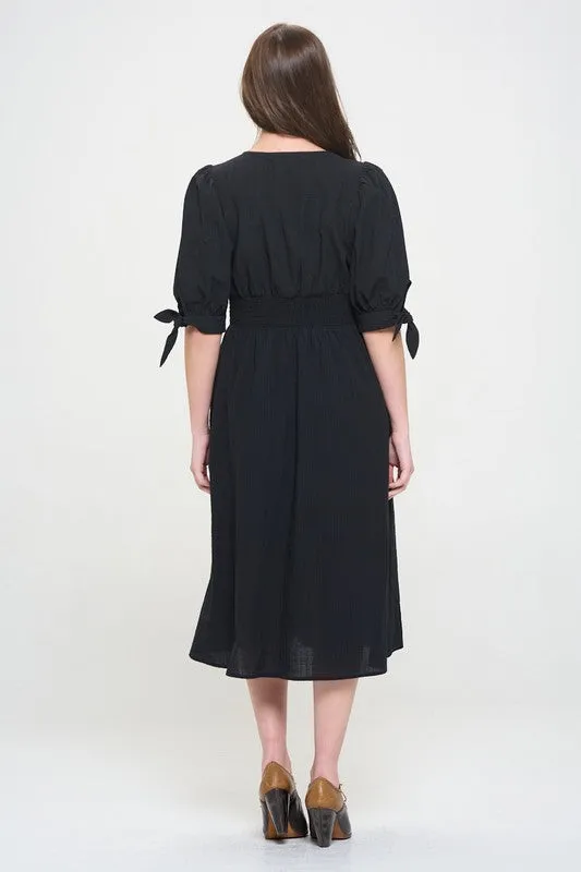 3/4 PUFF SLV TEXTURE VNECK BUTTON DOWN MIDI DRESS