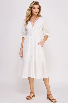 3/4 PUFF SLV TEXTURE VNECK BUTTON DOWN MIDI DRESS