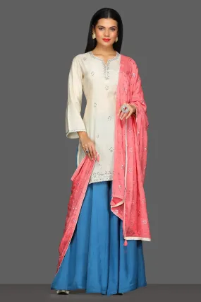 502583 Off White and Blue Embroidered Sharara Suit with Pink Dupatta