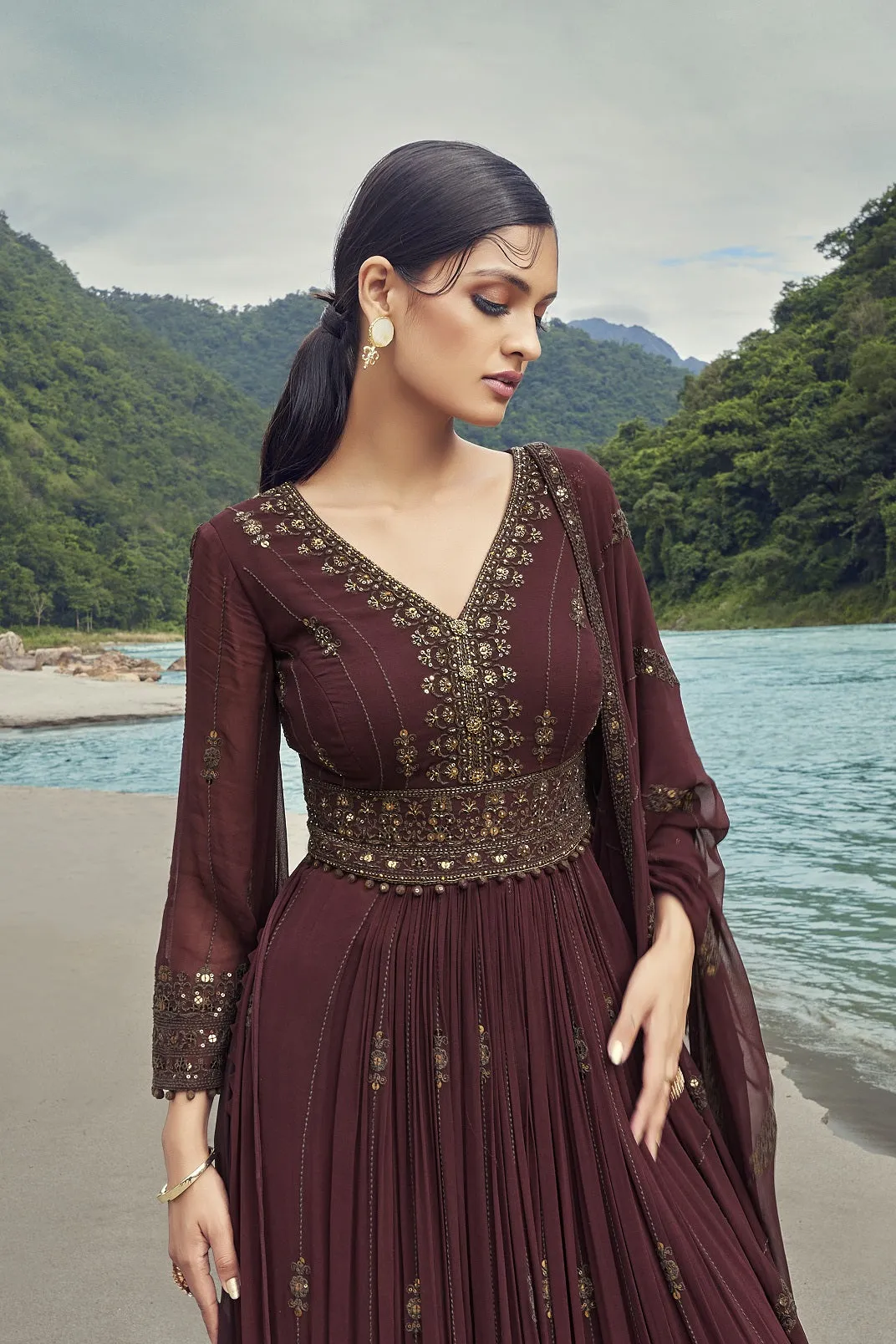 50Z832-RO Maroon Embroidered Nair Cut Suit with Dupatta