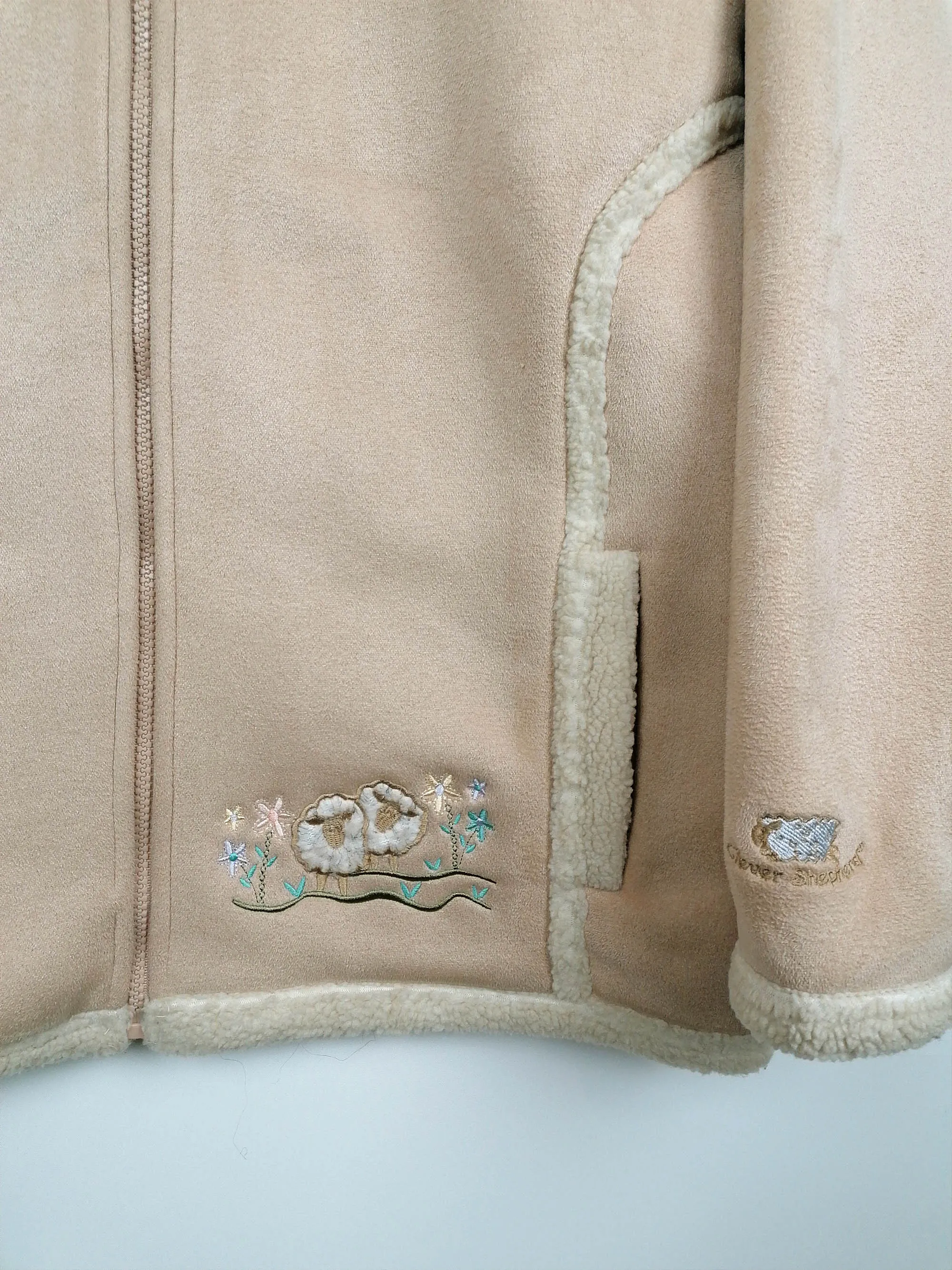 Clever Shepherd Faux Shearling Jacket with Sheep Embroidery - Size S-M / UK 10-12, 90s Vintage Style