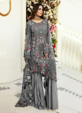 Admirable Grey Color Soft Net Base With Heavy Work Pakistani Palazzo Suit