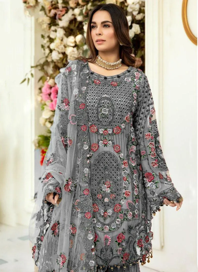 Admirable Grey Color Soft Net Base With Heavy Work Pakistani Palazzo Suit