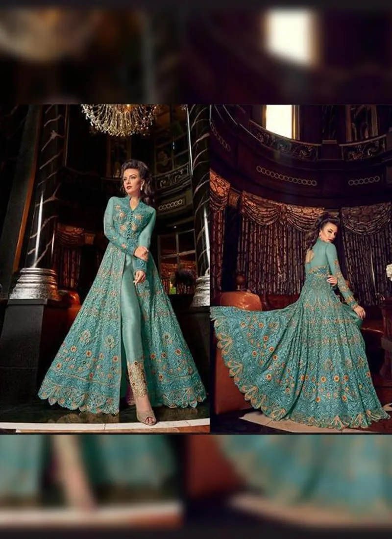 Admirable Sky Blue Soft Net Base Slit Cut Designer Anarkali Suit