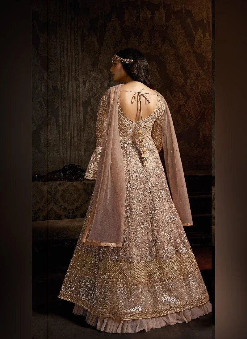 Alluring Peach Color Soft Net Base Embroidered Salwar Suit