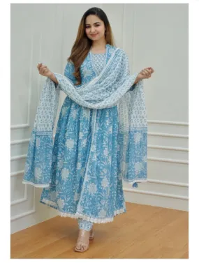 Anarkali Cotton Sky Blue Kurti Palazo Dupatta Set of 3