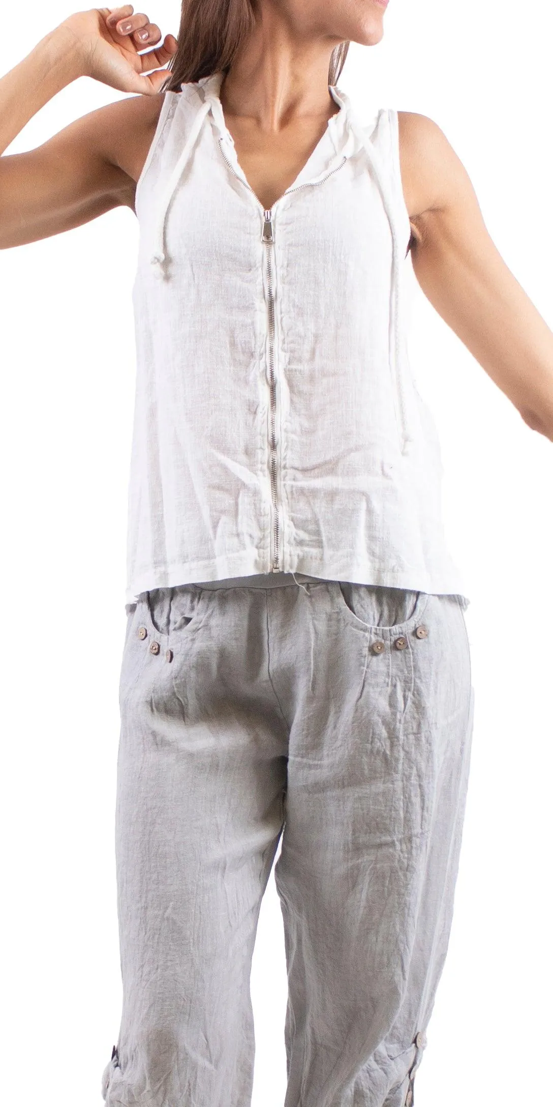 Anita Linen Sleeveless Hooded Vest