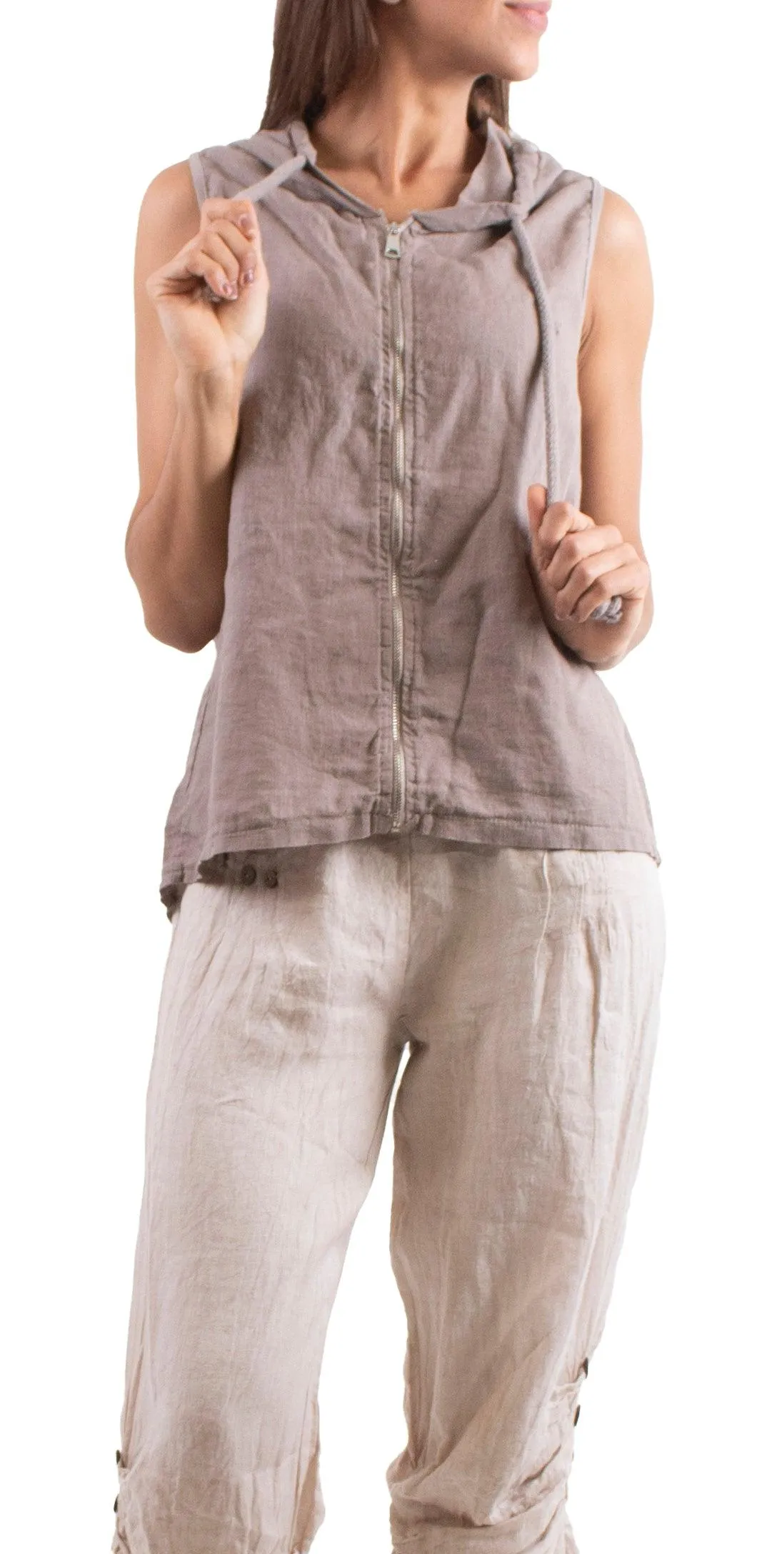 Anita Linen Sleeveless Hooded Vest