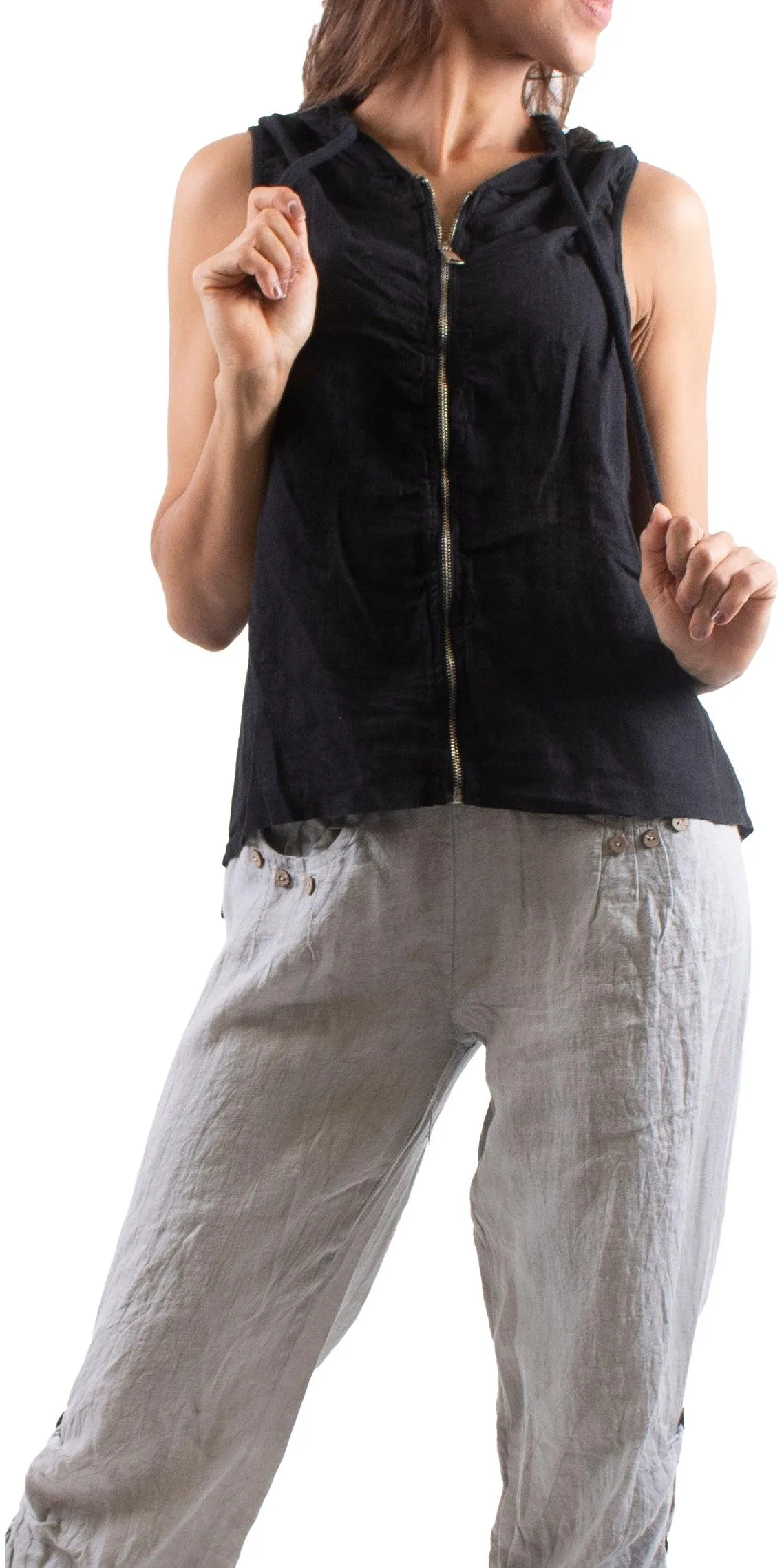 Anita Linen Sleeveless Hooded Vest