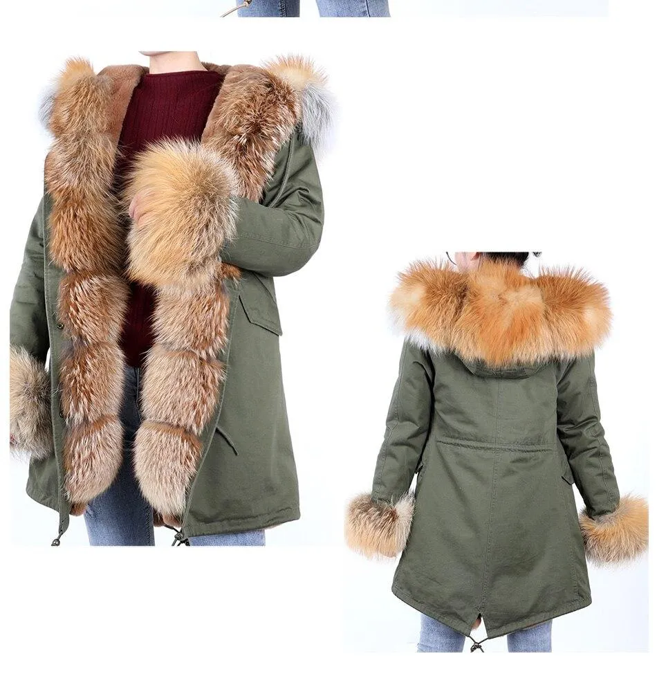 Army Green Women's Fox Fur Leather Hooded Long Detachable Coats & Jackets