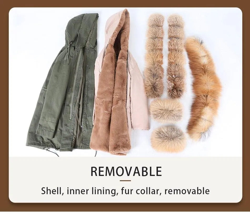 Army Green Women's Fox Fur Leather Hooded Long Detachable Coats & Jackets