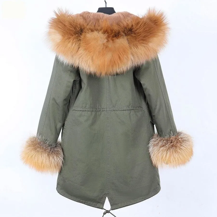 Army Green Women's Fox Fur Leather Hooded Long Detachable Coats & Jackets