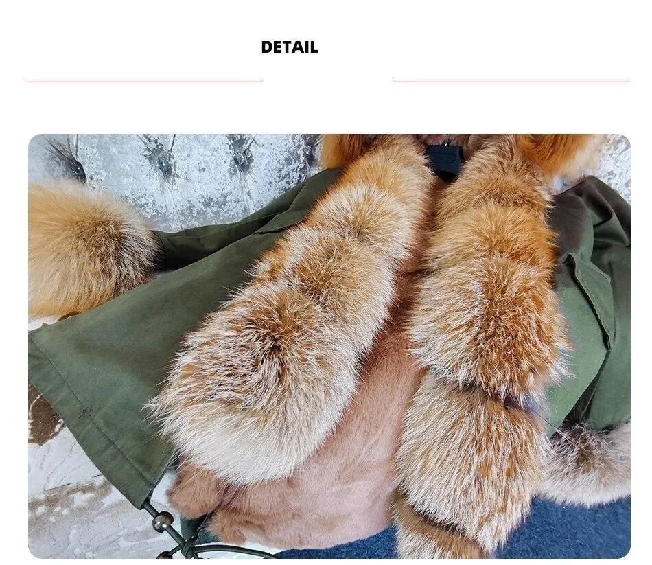 Army Green Women's Fox Fur Leather Hooded Long Detachable Coats & Jackets