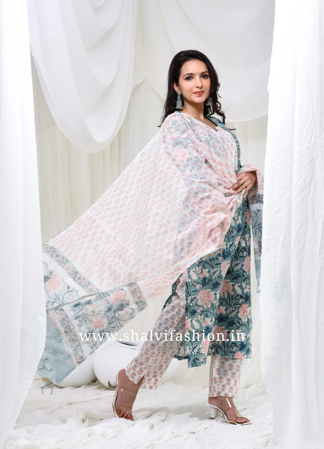 Bahar Hand Block Print Cotton Suit Set with Kota Doria Dupatta (CSS166KD)