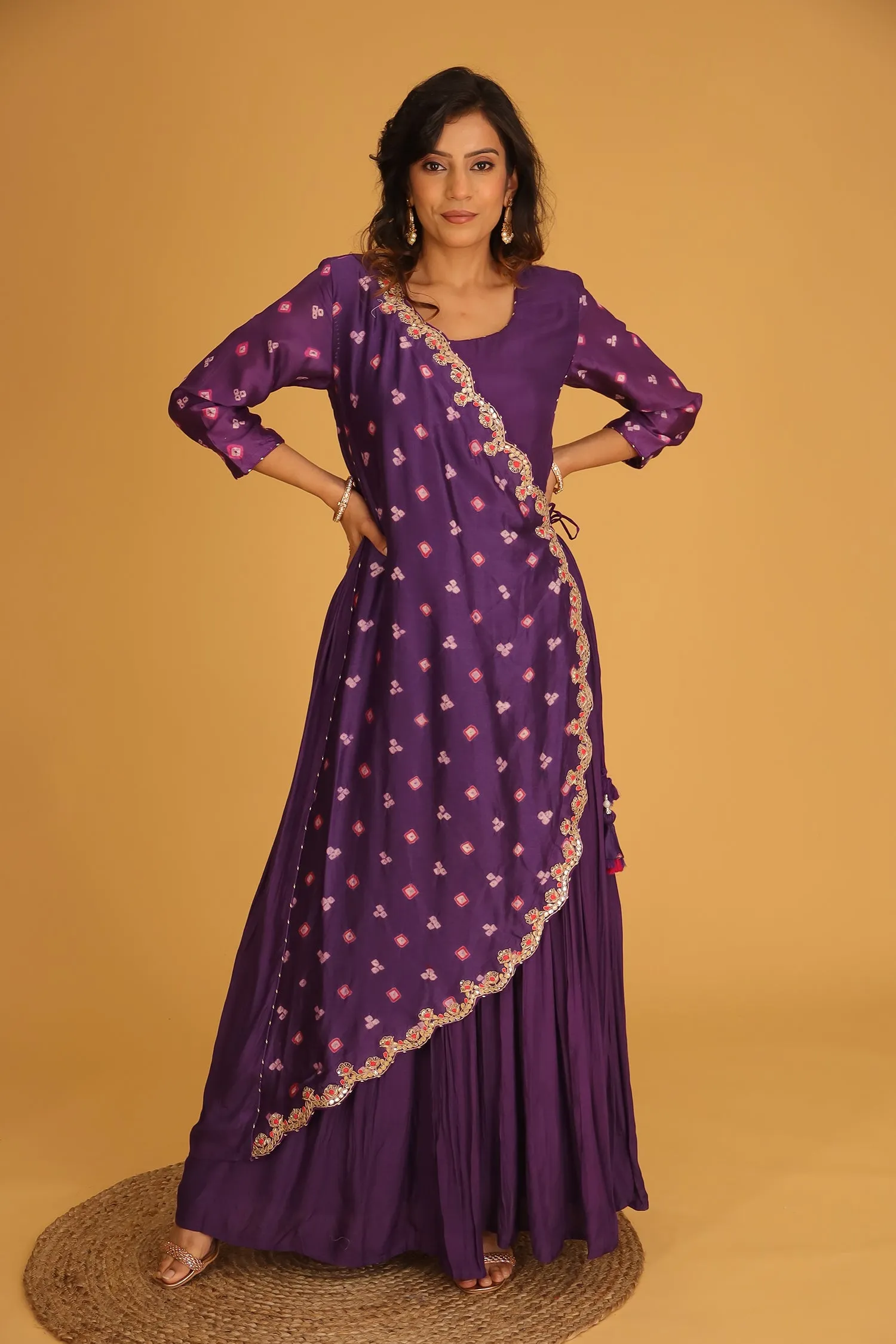 Bandhej Chanderi Jump Suit with Gota Patti work.