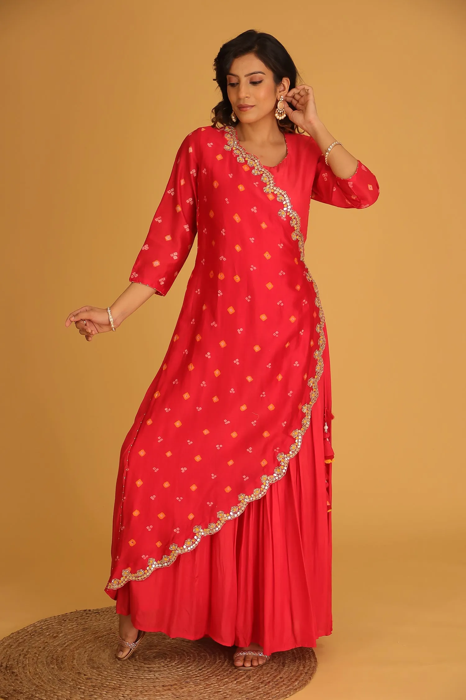 Bandhej Chanderi Jump Suit with Gota Patti work.