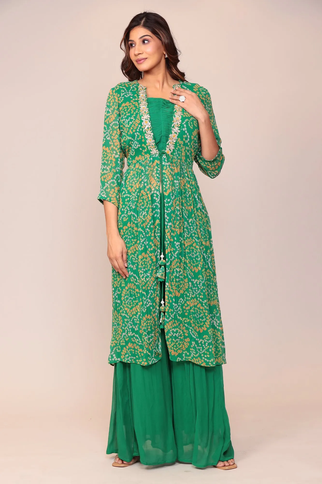 Bandhej Georgette Jacket Style Suit with Gota Patti and Thread work.