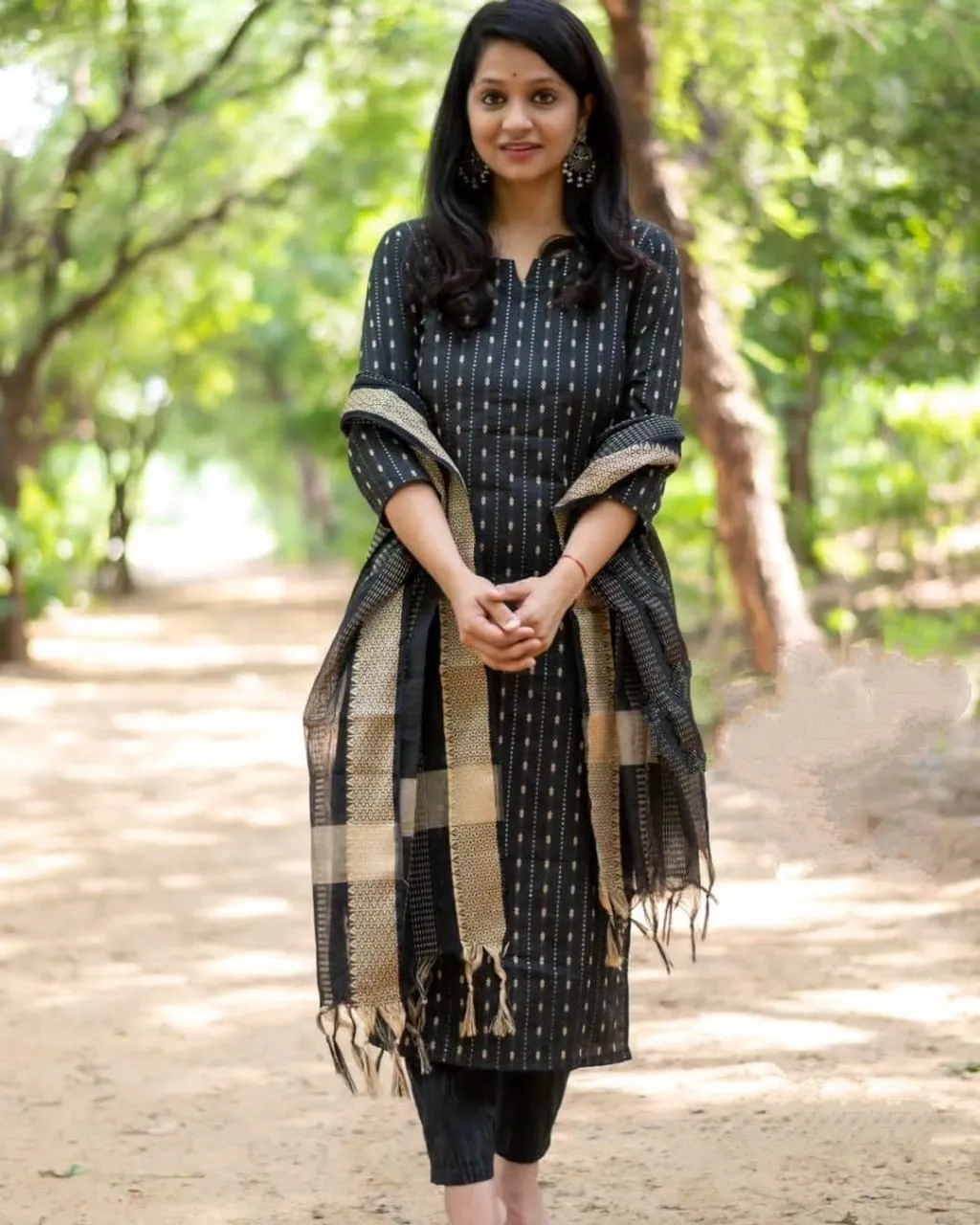 Black Cotton Ethnic Handloom Readymade Suit