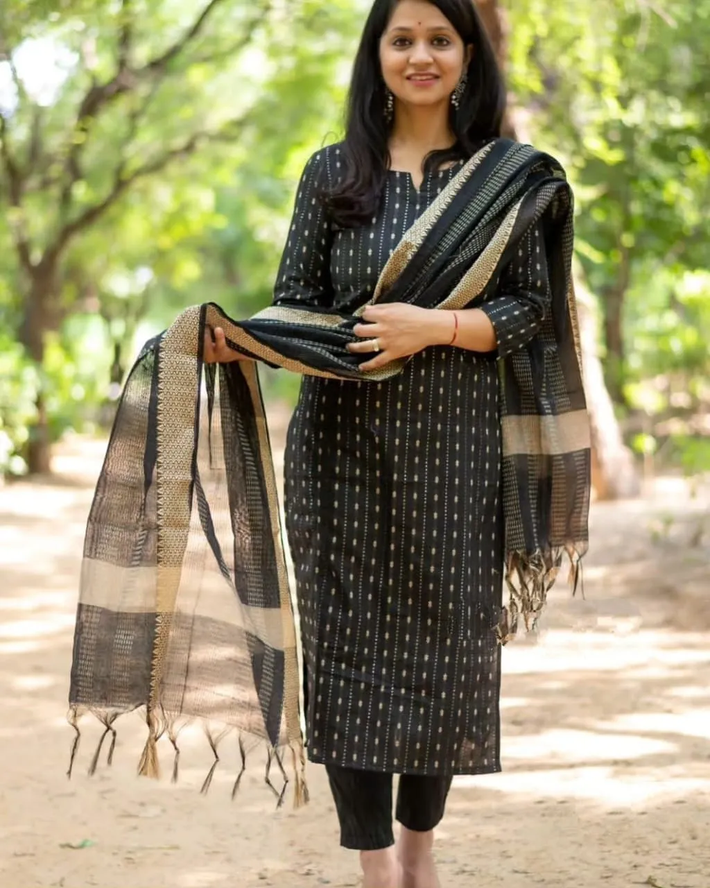 Black Cotton Ethnic Handloom Readymade Suit