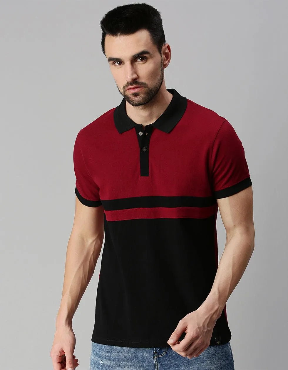 Black Maroon Colorblock Printed Polo Tshirt