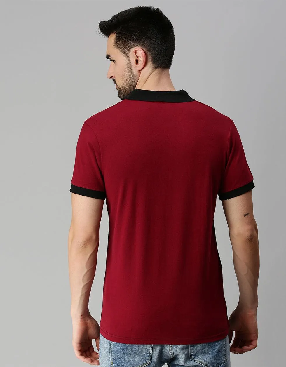 Black Maroon Colorblock Printed Polo Tshirt