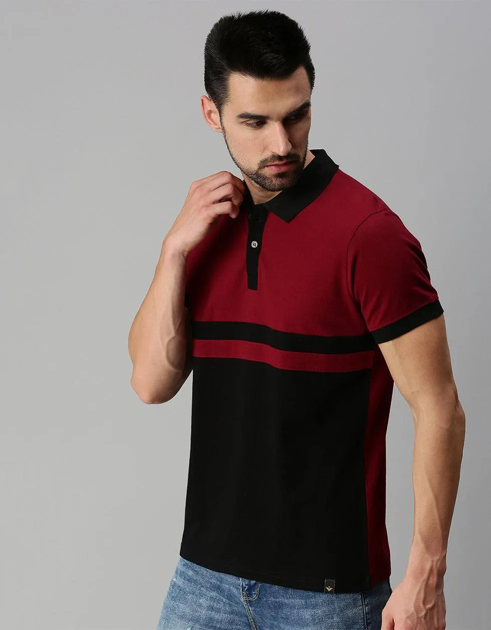 Black Maroon Colorblock Printed Polo Tshirt