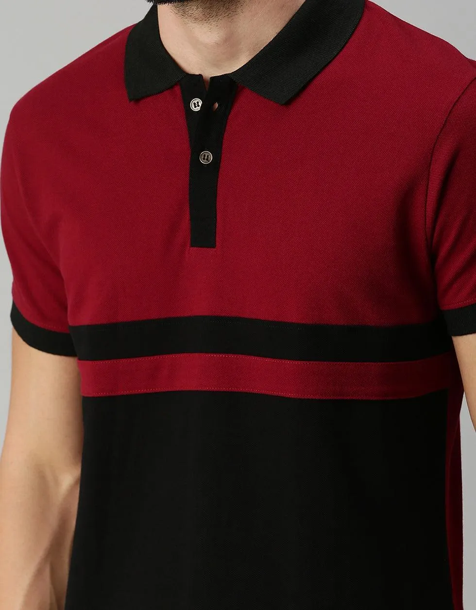 Black Maroon Colorblock Printed Polo Tshirt