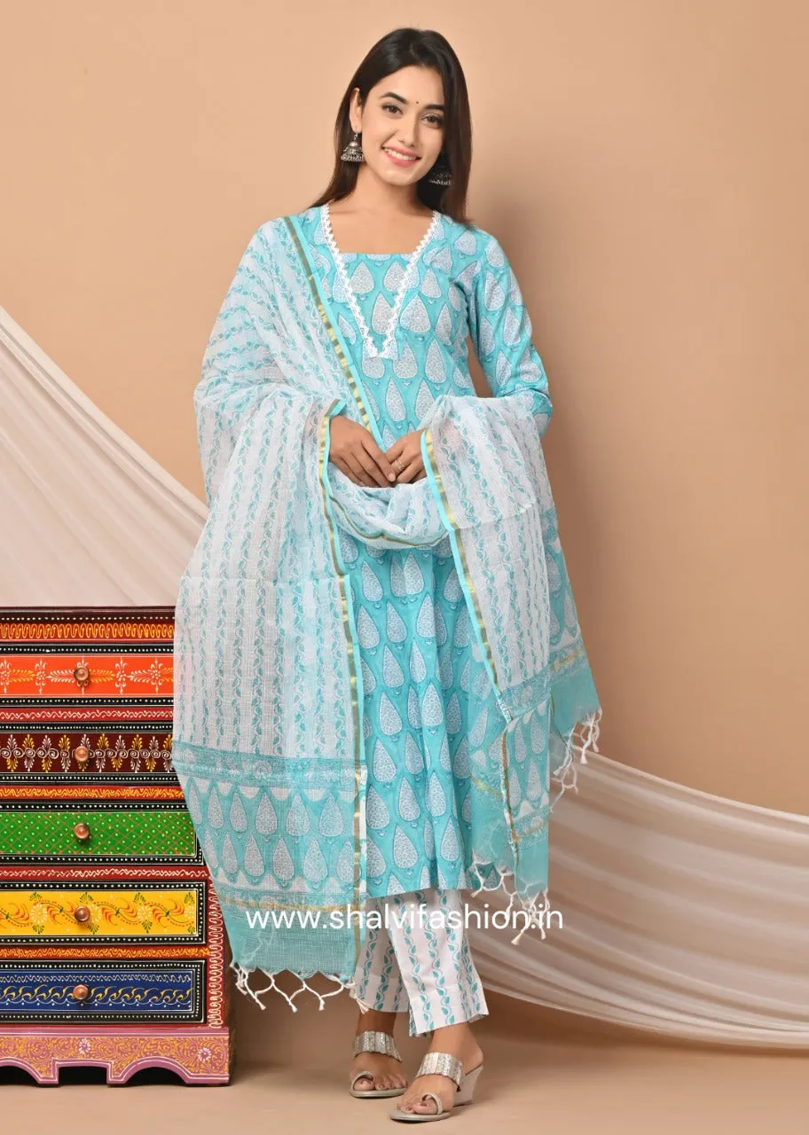 Blue Horizon Hand Block Printed Cotton Suit Set (CSS52KD)