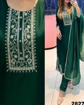 Bottle Green Rayon Suit Set With Chanderi Dupatta