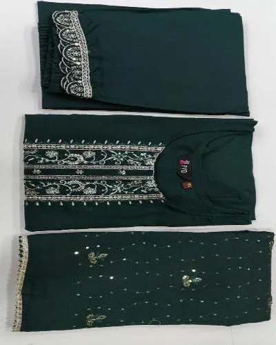 Bottle Green Rayon Suit Set With Chanderi Dupatta