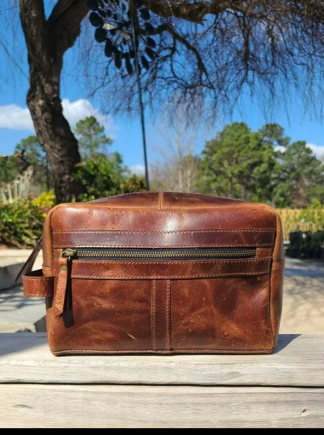 Buffalo Leather Travel Toiletry Bag - Cognac Brown