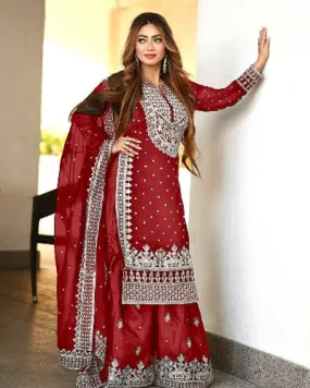 Burnt Red Georgette Heavy Embroidered Gharara Suit Set