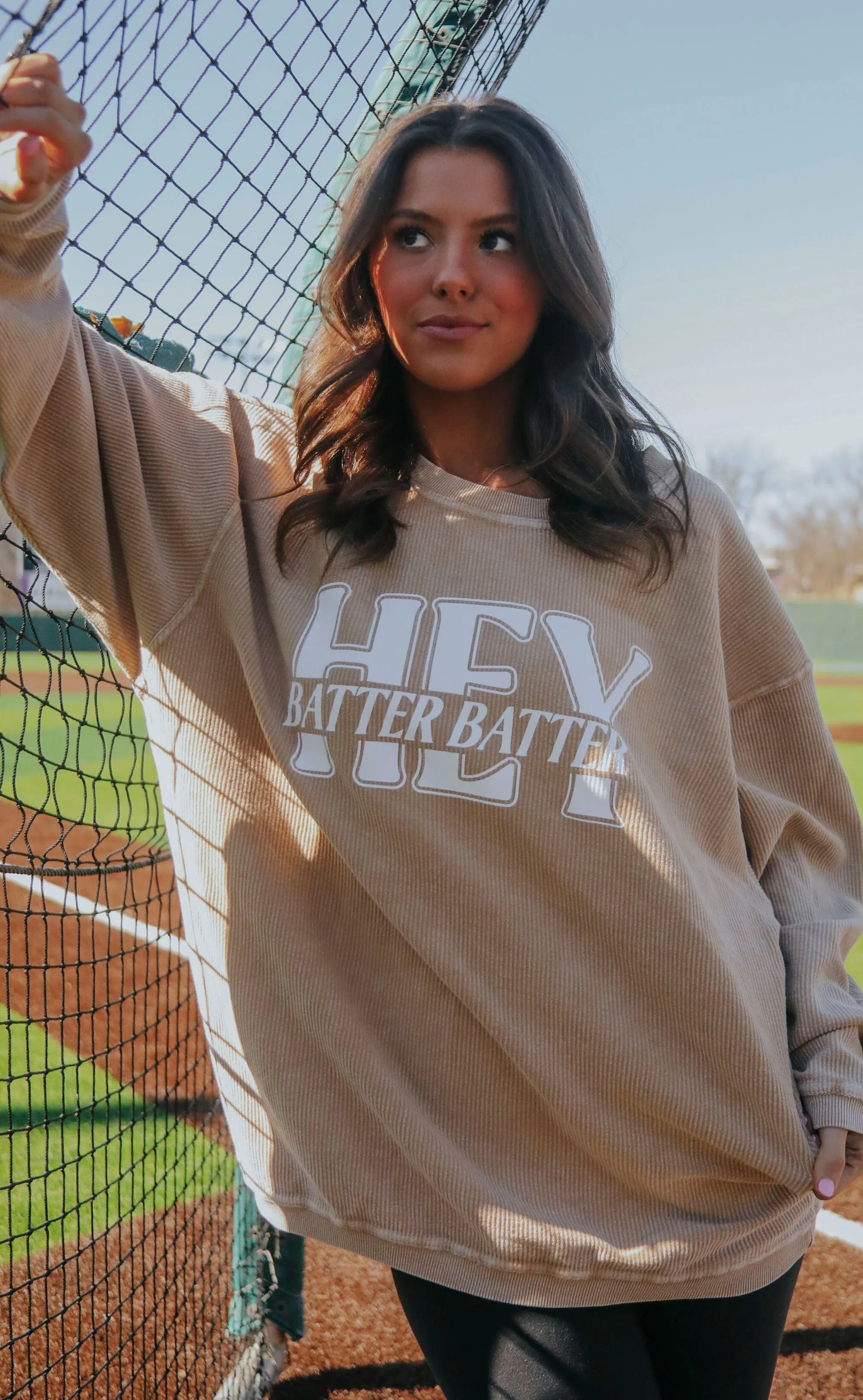 charlie southern: hey batter batter corded sweatshirt - latte