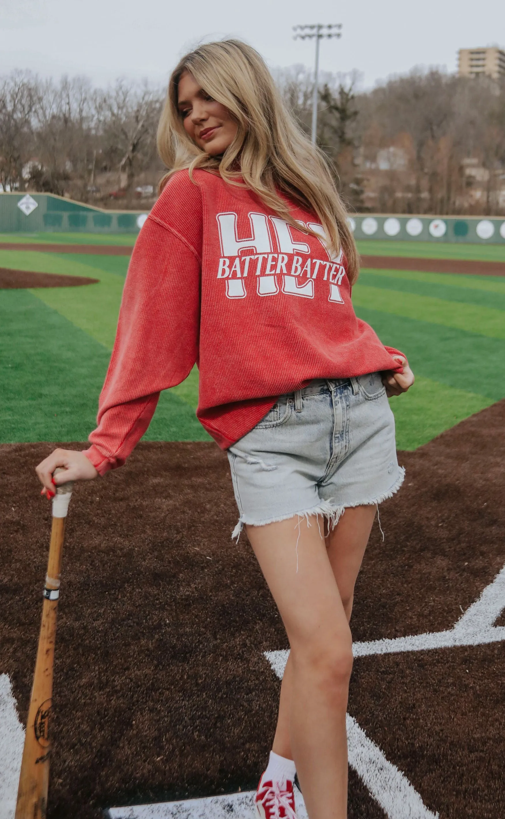 charlie southern: hey batter batter corded sweatshirt - red