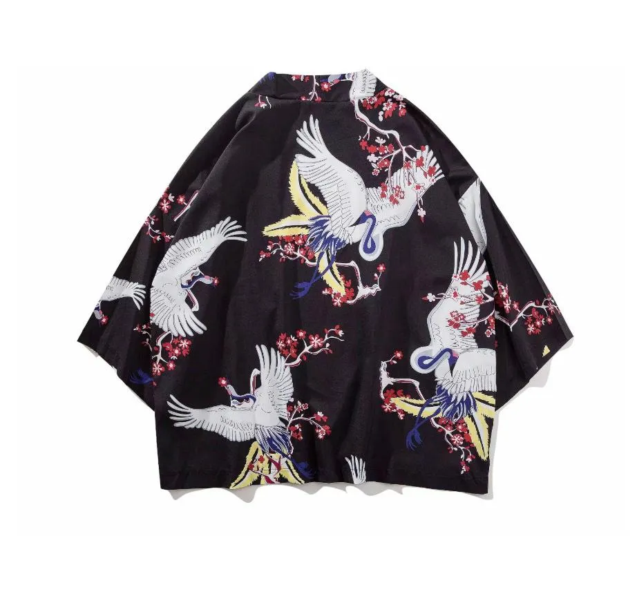 Crane With Flowers Kimono Shirt | Anime Kimono