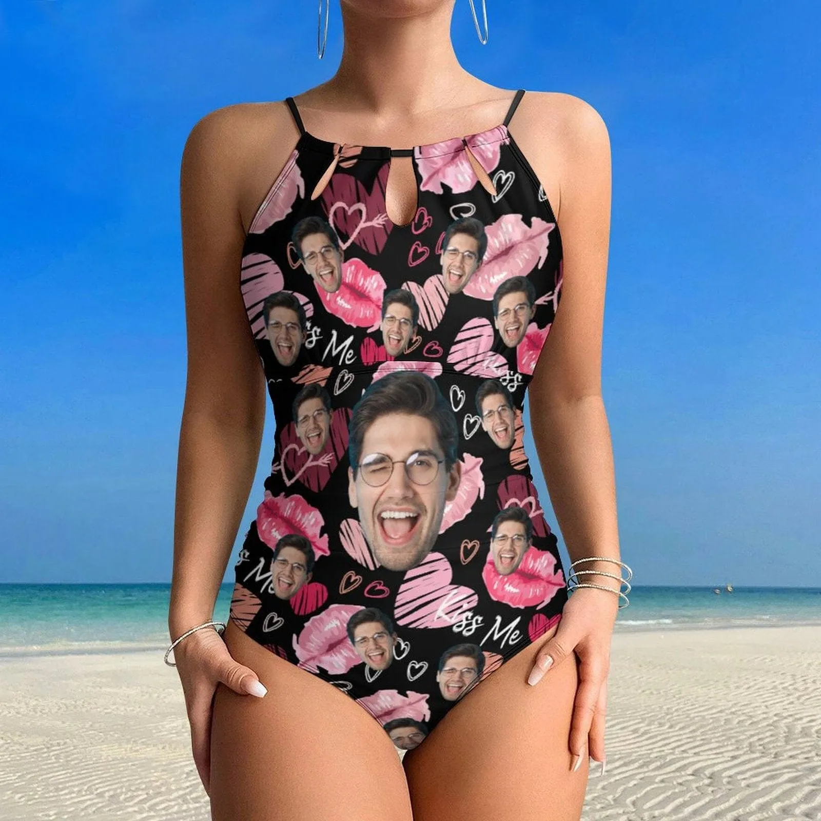 Custom Face Lips Kiss Me Swimsuit Personalized Women's One Piece Backless Tie Swimsuit Face Bathing Suit