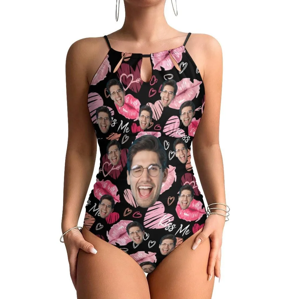 Custom Face Lips Kiss Me Swimsuit Personalized Women's One Piece Backless Tie Swimsuit Face Bathing Suit