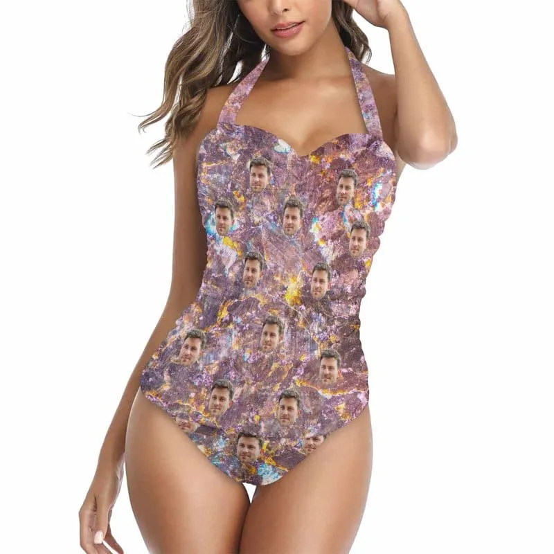 Custom Face Purple Galaxy Strap Personalized One-piece Retro Bikini Swimsuit & Beach Wrap Set Custom One Piece Bathing Suits