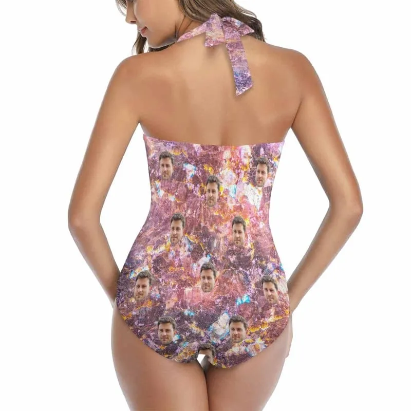 Custom Face Purple Galaxy Strap Personalized One-piece Retro Bikini Swimsuit & Beach Wrap Set Custom One Piece Bathing Suits