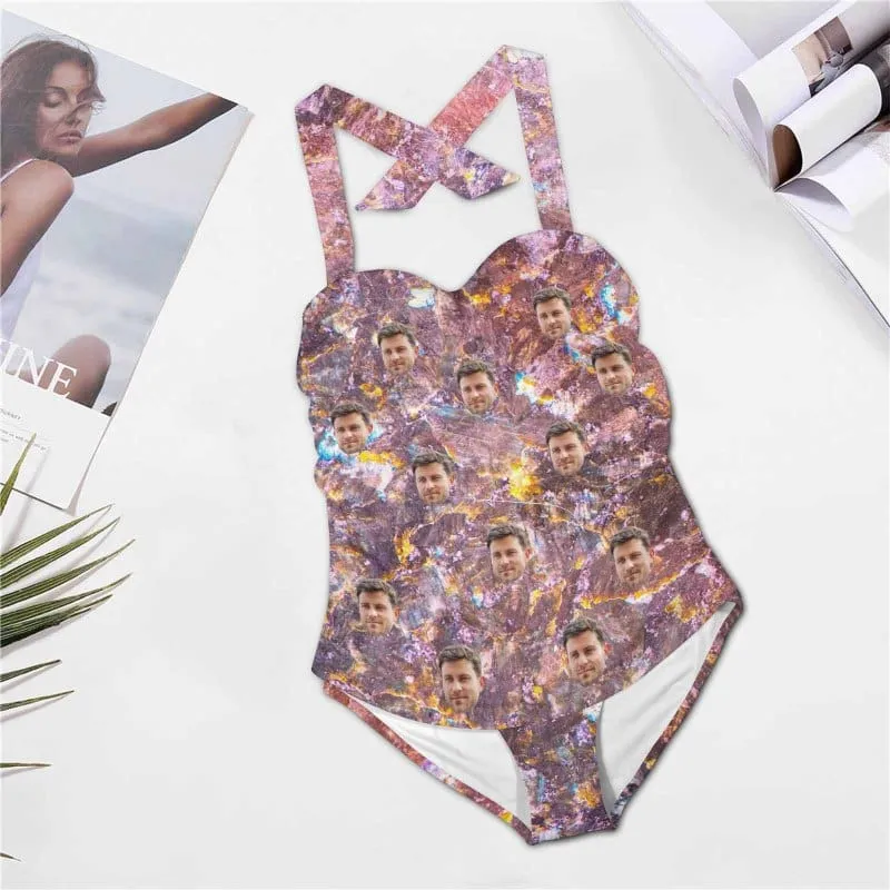 Custom Face Purple Galaxy Strap Personalized One-piece Retro Bikini Swimsuit & Beach Wrap Set Custom One Piece Bathing Suits