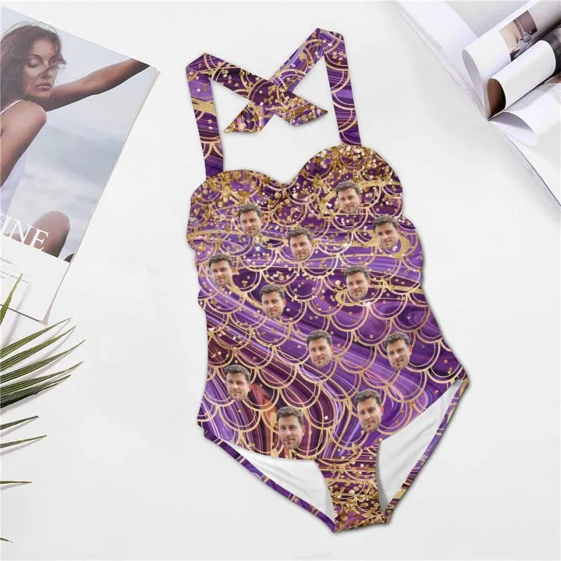 Custom Face Scales Strap Personalized One-piece Retro Bikini Swimsuit & Beach Wrap Set Custom One Piece Bathing Suits