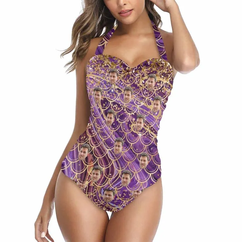 Custom Face Scales Strap Personalized One-piece Retro Bikini Swimsuit & Beach Wrap Set Custom One Piece Bathing Suits