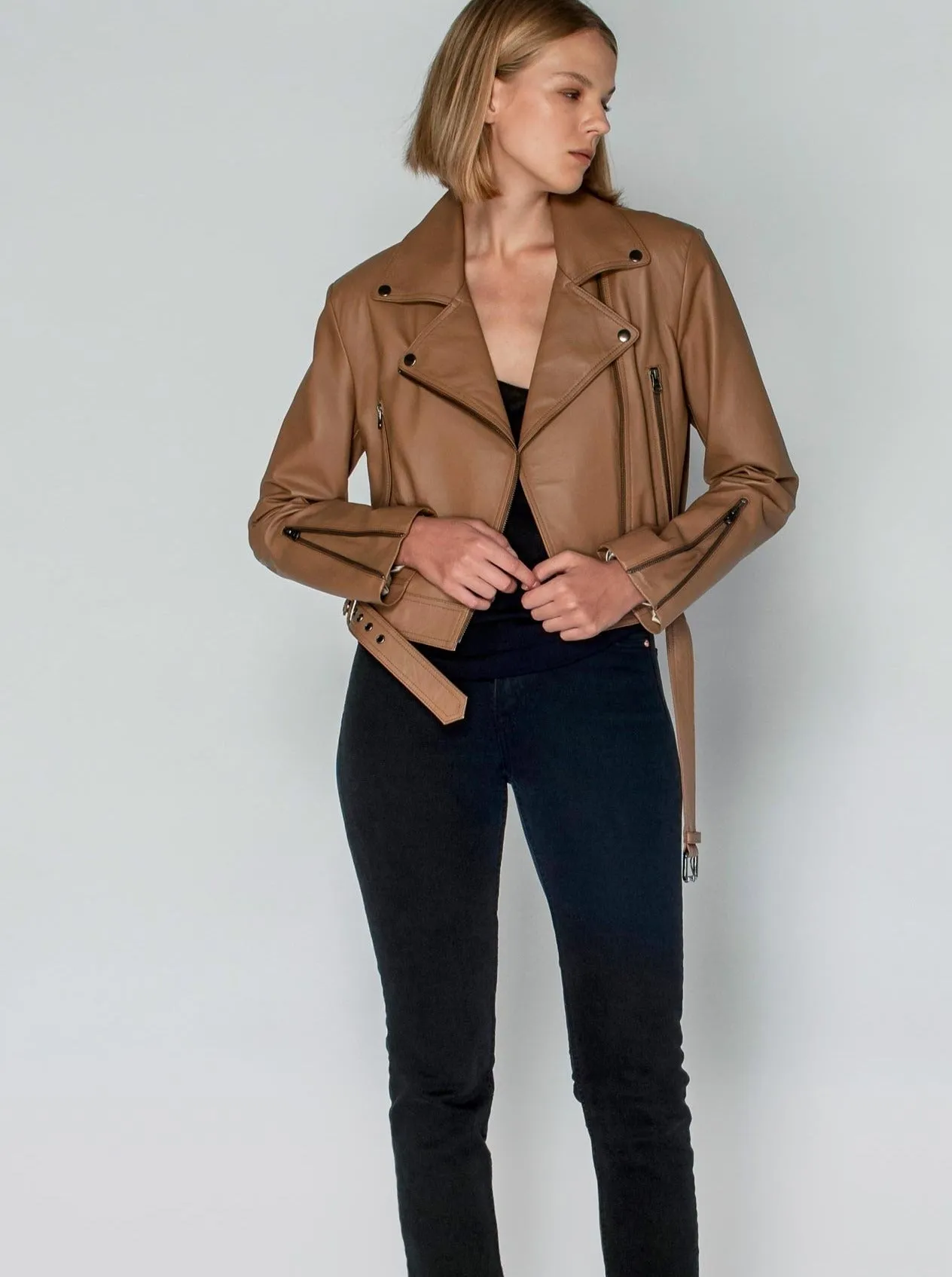 DARCY LEATHER BIKER JACKET - MOCHA