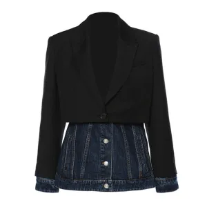 Deconstructed Two Tone Lapel Collar Single Breasted Hybrid Layered Denim Blazer