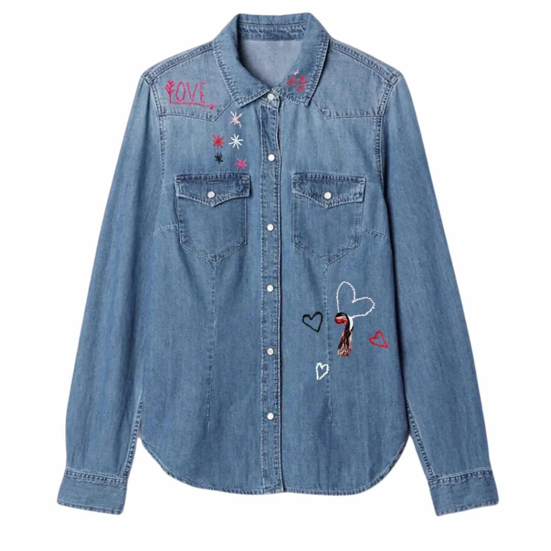 Denim Button Down Love Hand Embroidery