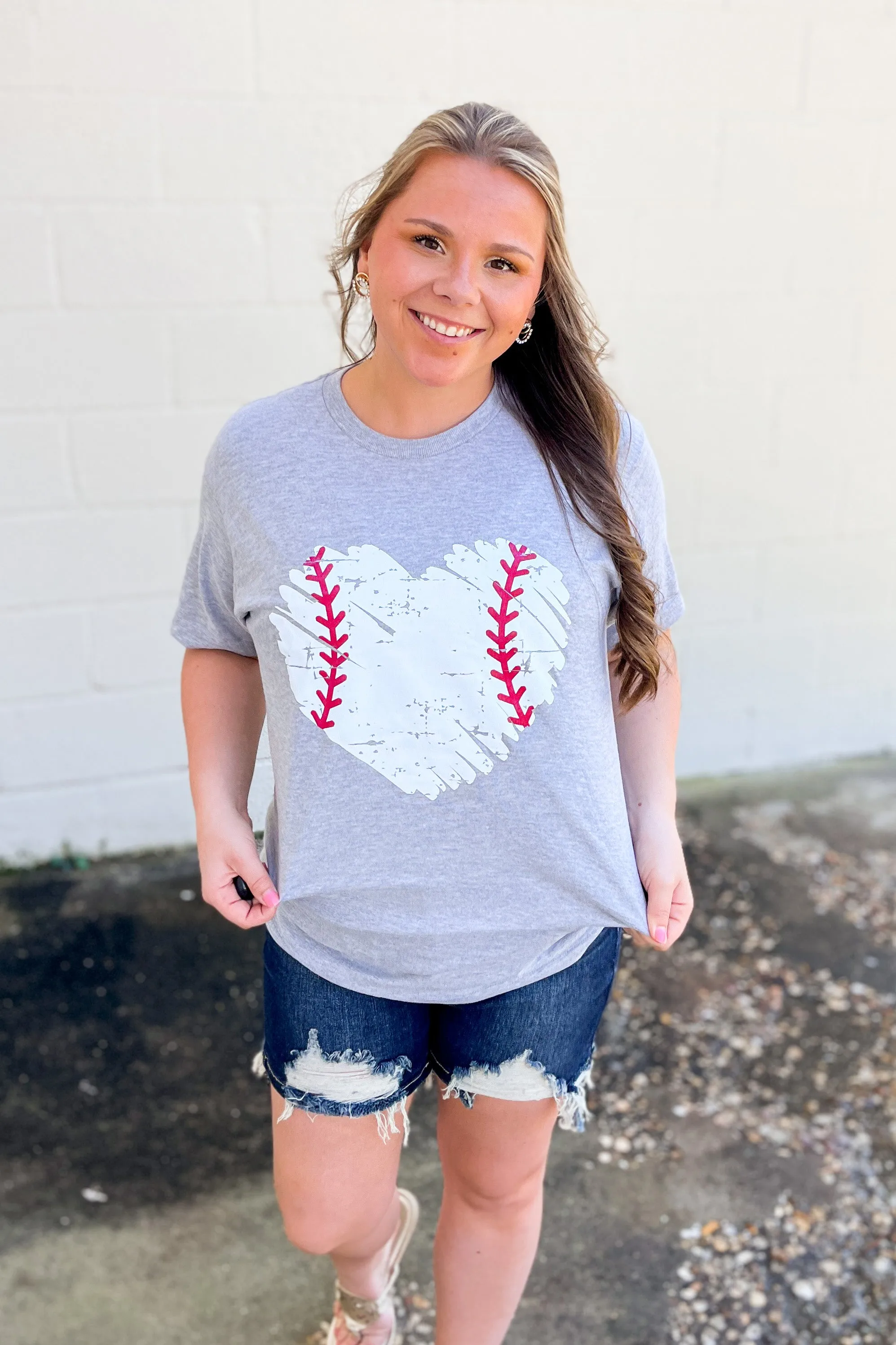 Distressed Baseball Heart Graphic Tee, Grey